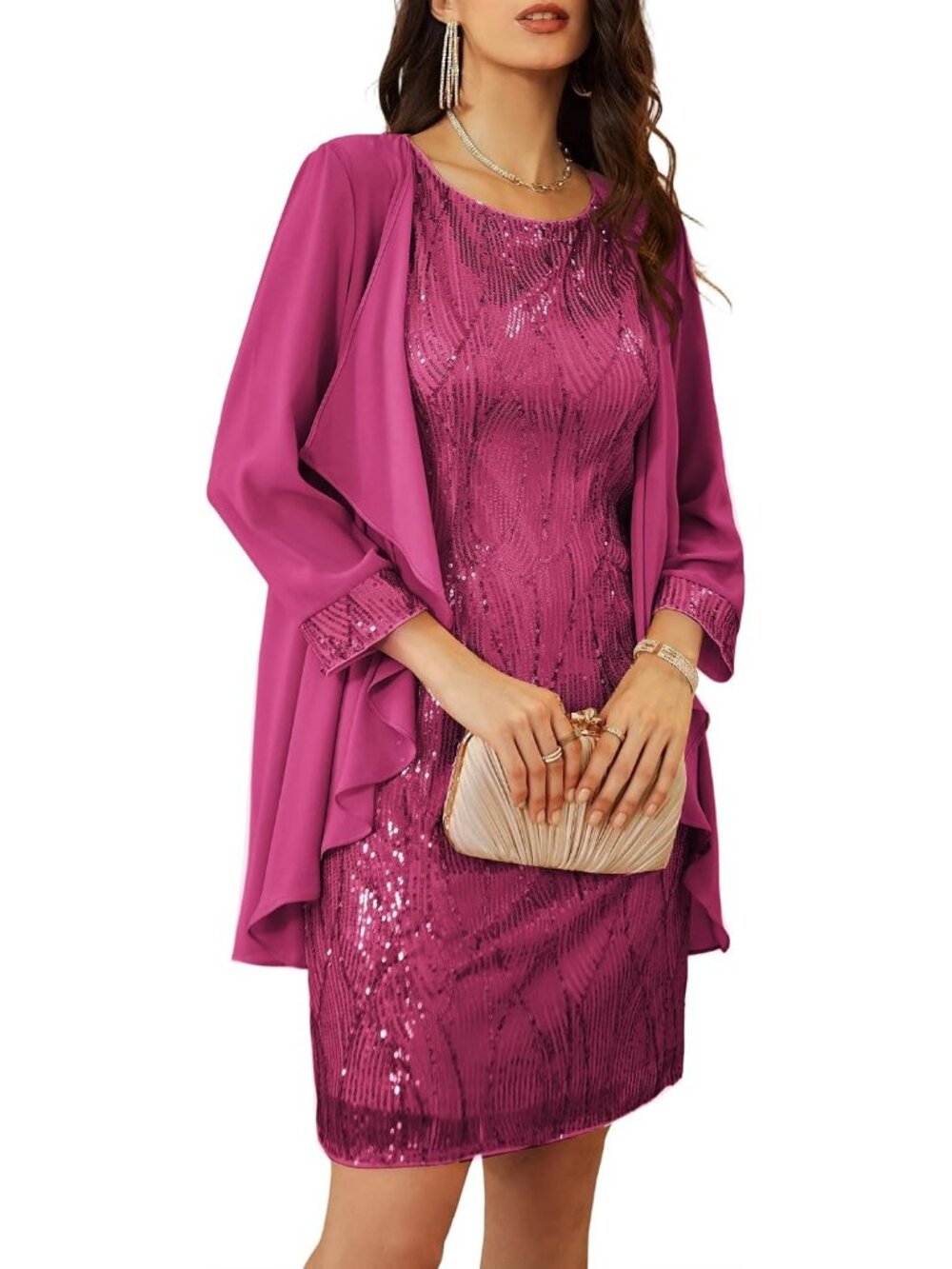 Women's Deep Rose Red Two Piece 3/4 Sleeve Knee Length Crew Neck Bodycon Dress